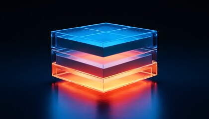 Poster - A modern, illuminated cube design featuring layers of blue and orange light, showcasing innovation and creativity in technology and art.