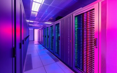 Poster - A modern data center featuring rows of server racks illuminated with vibrant purple and green lights