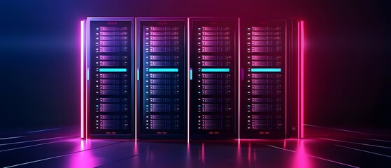 Poster - A modern data center with illuminated server racks showcasing advanced technology. The vibrant colors create a futuristic atmosphere, symbolizing innovation in the digital age.