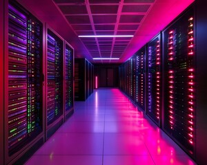 Poster - A modern data center with illuminated server racks and high-tech equipment