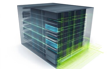 Poster - A modern data server showcasing advanced technology, featuring intricate designs and vibrant colors representing efficient data processing and storage capabilities.