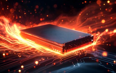 Poster - A powerful computer chip illuminated with glowing circuits, symbolizing advanced technology and high-speed performance. Ideal for showcasing innovation and digital transformation.