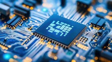Poster - Close-Up of Microchip on Printed Circuit Board with Blue Lighting