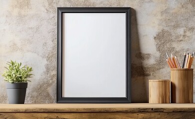 Poster - Blank Picture Frame on Wooden Table With Potted Plant and Pencil Holder Against Textured Wall Background