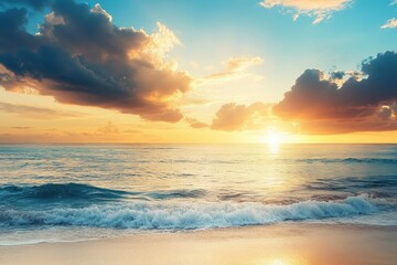 Poster - Serene coastal sunset with clouds reflecting on tranquil ocean waters and sandy beach with empty space for text. Generative AI