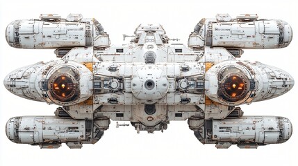 Wall Mural - top view of a futuristic spaceship, white with orange engine details, isolated on white background.