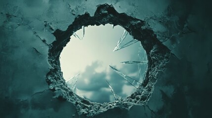 Poster - Broken Wall with Sharp Glass, Gloomy Sky and Cloudy Background