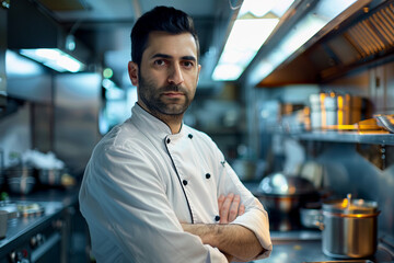 Canvas Print - Portrait of a smiling chef in busy restaurant generative AI