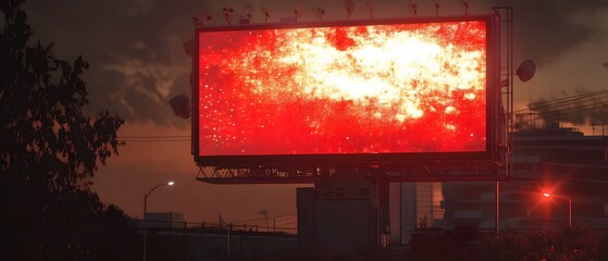 A vibrant billboard displaying an intense red display against a sunset backdrop, showcasing modern advertising techniques