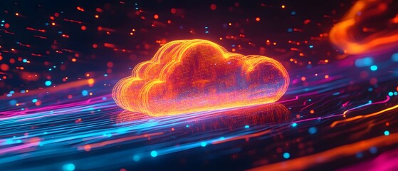 Poster - A vibrant digital cloud illuminated with neon lights, showcasing the fusion of technology and creativity in a futuristic representation of data and connectivity.