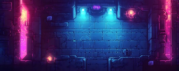 Poster - A vibrant digital artwork featuring a futuristic neon-lit environment with blue and pink hues, perfect for gaming backgrounds or sci-fi themed projects