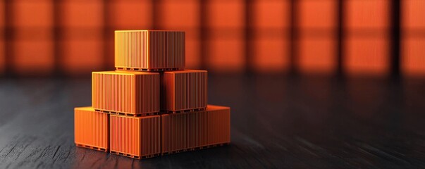 Poster - A pyramid of orange blocks is stacked on a dark surface, contrasting with a blurred background of similar colored blocks.