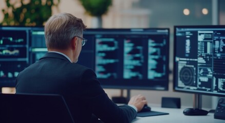 Poster - Business professional analyzing data on multiple monitors in modern office environment with charts and graphs