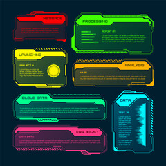 Poster - Futuristic HUD or UI elements. Sci-fi user interface text boxes, callouts. Colorful warning message frame, information boxes template. Modern game interface layout, digital style. Vector illustration