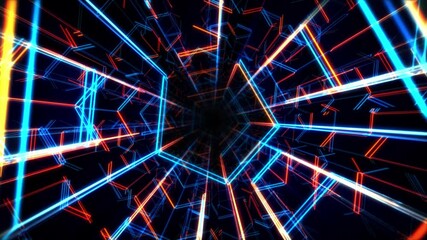 Wall Mural - bright science fiction tunnel with illuminated patterns made of blue and orange neon light lines. fu