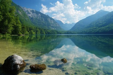 Aufkleber - Stunning mountain landscape featuring a serene lake with clear water and vibrant greenery around the shore. Generative AI