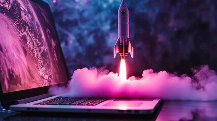 Poster - Rocket launch animation from a laptop with vibrant colors and dramatic lighting effects