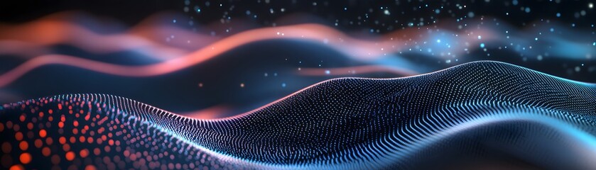 Poster - An abstract representation of flowing digital waves, showcasing vibrant colors and glowing particles. Ideal for themes of innovation, data processing, and futuristic concepts.