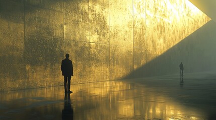Poster - Two figures silhouetted against a large, gold wall in a dimly lit, expansive space.