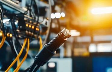 Aufkleber - Close-Up View of Black Cable Connected to Modern Network Equipment in Data Center with Orange Glow