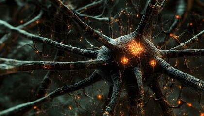Poster - An intricate and detailed representation of a neuron, showcasing its complex structure and glowing synapses, illustrating the beauty of neural connections in the brain.