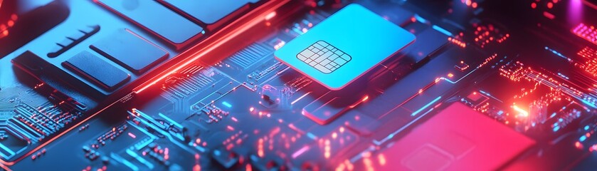 Poster - Close-up of a high-tech circuit board with glowing components, showcasing the intricacies of modern electronics.