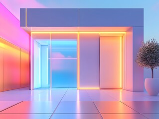 Poster - futuristic architectural design with vibrant neon lights creating an inviting atmosphere.