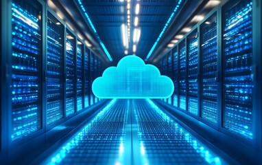 Poster - Futuristic data center environment featuring glowing servers and a prominent cloud symbol for cloud computing.