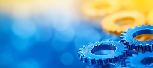 Poster - Blue And Yellow Gears Abstract Background, Blurred Motion For Industrial And Manufacturing