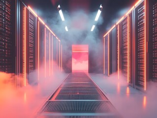 Poster - Futuristic data center with glowing lights and fog, showcasing advanced technology and innovation in digital infrastructure.