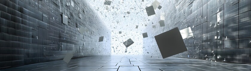 Poster - Futuristic digital environment featuring floating cubes and abstract shapes. This captivating scene represents innovation, technology, and advanced digital landscapes.