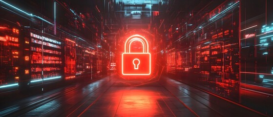 Poster - futuristic digital environment with glowing red padlock symbolizing data security and encryption