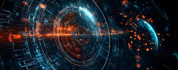Poster - Futuristic digital landscape showcasing abstract patterns and vibrant colors. Ideal for themes of innovation, data visualization, or advanced technology concepts.
