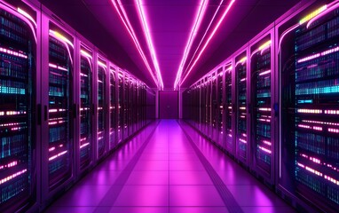 Poster - Futuristic server room with vibrant purple neon lights illuminating rows of data servers