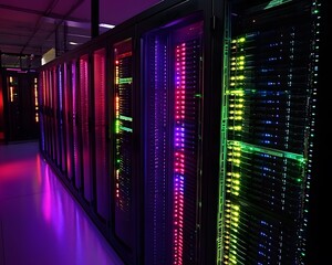 Poster - Illuminated server racks in a data center with vibrant LED lights, showcasing modern technology and networking infrastructure in a dark environment.