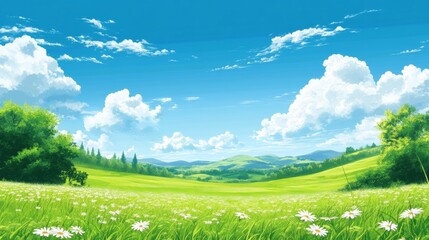 Leinwandbilder - Vibrant landscape with lush green meadows and blue sky providing space for text and design elements. Generative AI