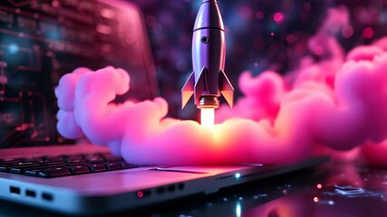 Poster - rocket launching from a laptop screen in a colorful cosmic setting with digital effects