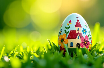 Easter Egg with Church and Flowers on Grass. A close-up of a colorful Easter egg featuring a church and floral designs, placed on lush green grass.