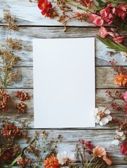 Poster - Text space surrounded by colorful flowers and rustic wooden background for creative designs and invitations. Generative AI