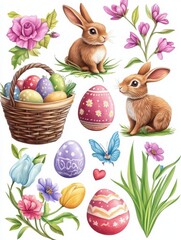 Wall Mural - Happy Easter. Vector set of cute illustration. Painted eggs, rabbits, flowers, a basket, a chocolate hare, cakes. Design elements for card, poster, flyer and other use.