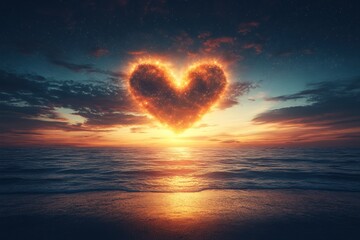 Wall Mural - Heart-Shaped Sunset Over Ocean Waves with Sparkling Clouds and Light