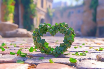 Wall Mural - Heart Shaped Wreath Made of Green Leaves on Cobblestone Pathway