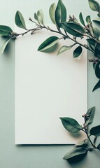 Leinwandbilder - Elegant blank stationery with green foliage on a pastel background for creative design and invitation mockups. Generative AI