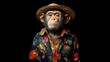 © amorn_m - Stylish Chimpanzee in Tropical Shirt and Straw Hat Against Black Background