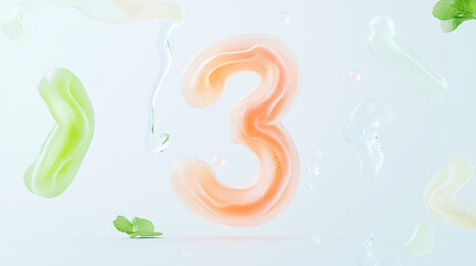 Poster - Number Three in Liquid: An abstract image of the number three formed by a translucent, peach-colored liquid, surrounded by droplets and streaks of light green liquid.
