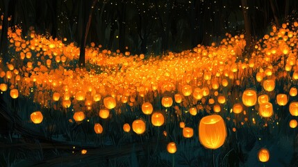 Wall Mural - Glowing Lanterns Illuminate Enchanted Forest at Twilight