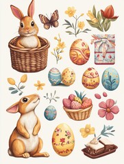 Wall Mural - Happy Easter. Vector set of cute illustration. Painted eggs, rabbits, flowers, a basket, a chocolate hare, cakes. Design elements for card, poster, flyer and other use.