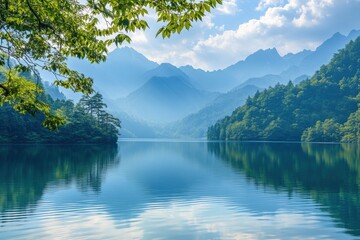 Poster - Serene lake view surrounded by lush mountains and clear blue skies in a peaceful landscape. Generative AI
