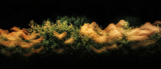 Poster - Mystical forest trees in blurred motion with ethereal green and brown colors against black