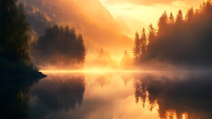Poster - Serene Morning Light Over Misty Lake Surrounded by Lush Pine Forests and Majestic Mountains at Dawn, Capturing the Beauty of Nature and Tranquility
